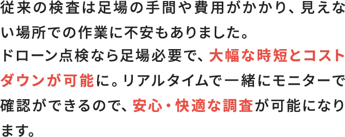 従来の検査は足間の手間や費用がかかり、見えない場所での作業に不安もありました。ドローン点検なら足場不要で、大幅な時短とコストダウンが可能に。リアルタイムで一緒にモニターで確認ができるので、安心・快適な調査が可能になります。