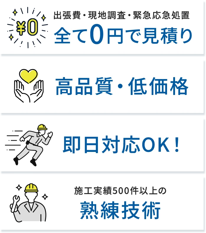 出張費・現地調査・緊急応急処置 全て0円で見積り / 高品質・低価格 / 即日対応OK！ / 施工実績500件以上の熟練技術