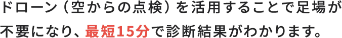 ドローン（空からの点検）を活用することで足場が不要になり、最短15分で診断結果がわかります。