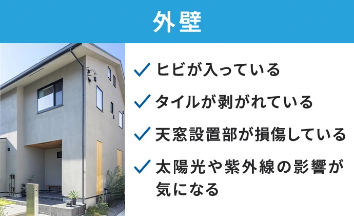 外壁の症状：ヒビが入っている、タイルが剥がれている、天窓設置部が損傷している、太陽光や紫外線の影響が気になる